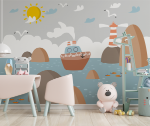 Papel de Parede Infantil Barquinho e Farol | Decoratom Loja Virtual